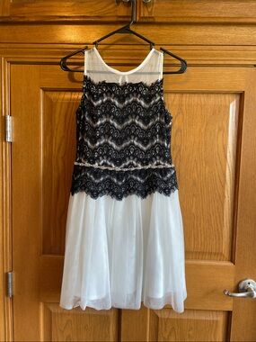 White Dress with Black Lace Overlay - Girls Formal Dress